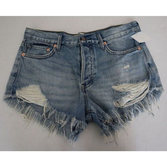 We The Free OB1249055 Women Sz 26 Blue Denim Button Fly Distressed Frayed Shorts - Picture 1 of 7